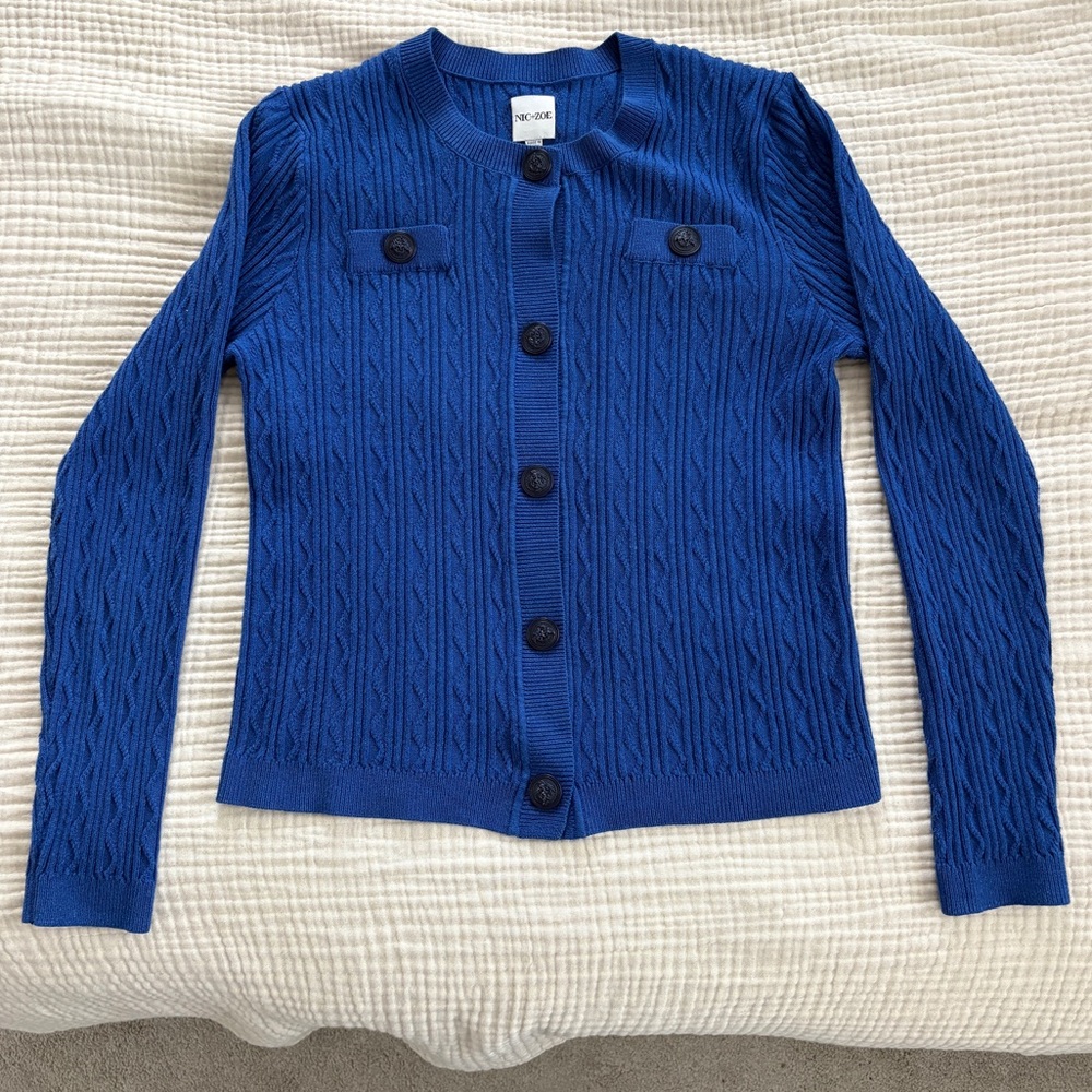 NIC+ZOE Textured Snap Cardigan Womens Size Small Blue Button Front‎ Cable Knit